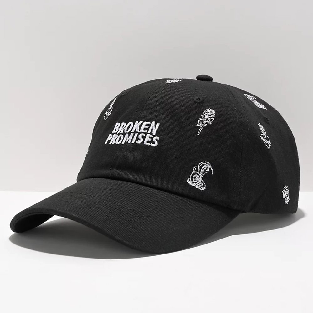 NWT Broken Promises Black All Over Print AOP Strapback Hat